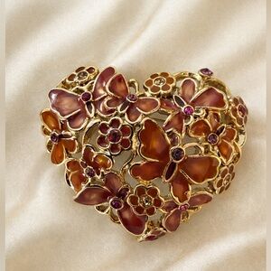 Gold and Mauve Floral Monet Heart Brooch